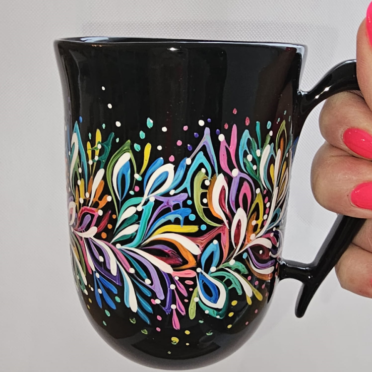 Kubek ceramiczny z uchem Czarny Multikolor ON - 300ml - przepiękny ręcznie malowany