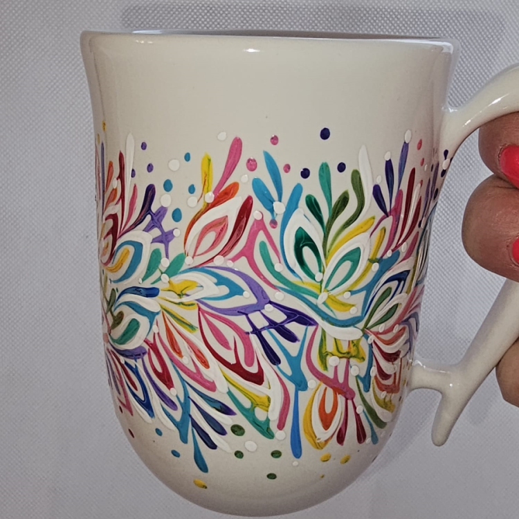 Kubek ceramiczny Biały Multikilolor ONA - 300 ml - ręcznie malowany z wielkim kunsztem