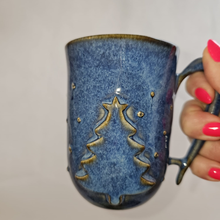 Kubek ceramiczny ciemno - niebieski MORSKI Choinka kubek świąteczny z wyzłoceniem