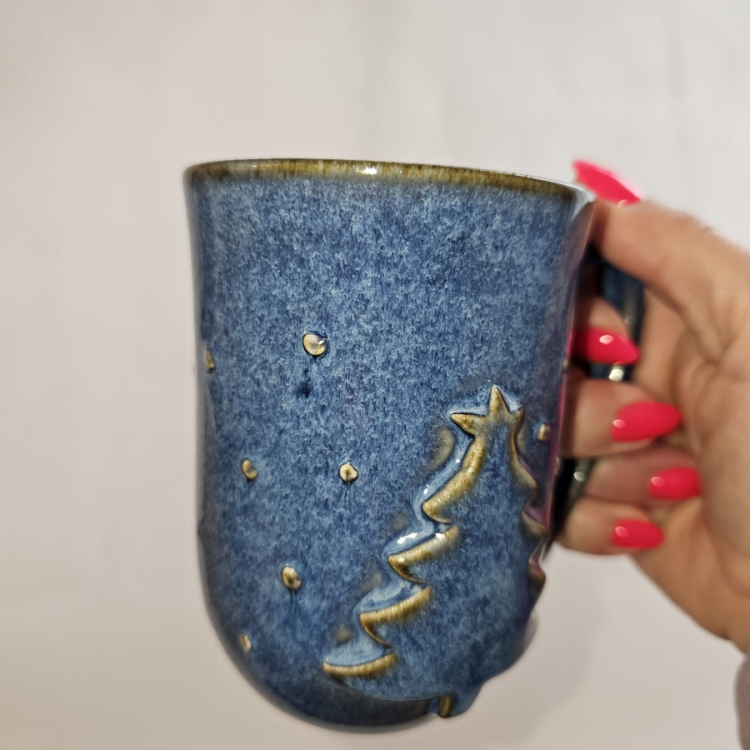 Kubek ceramiczny ciemno - niebieski MORSKI Choinka kubek świąteczny z wyzłoceniem