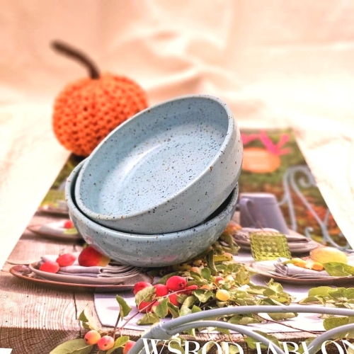 Miska nakrapiana ceramiczna dla KOTA - błękitna ręcznie toczona