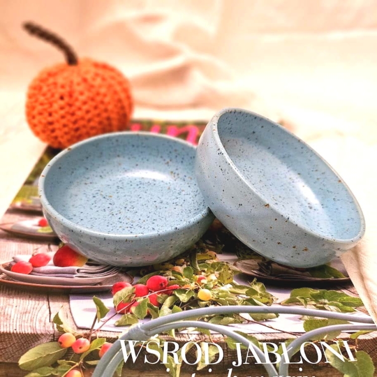 Miska nakrapiana ceramiczna dla KOTA - błękitna ręcznie toczona