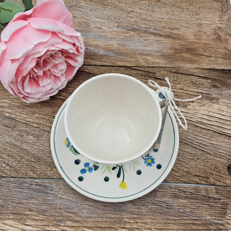 Filiżanka ceramiczna ze spodkiem Łąka kaszubska ceramika ręcznie zdobiona Arbata