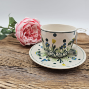 Filiżanka ceramiczna ze spodkiem Łąka kaszubska ceramika ręcznie zdobiona Arbata