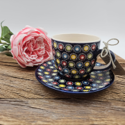 Filiżanka ceramiczna ze spodkiem Słoneczko piękna kaszubska ceramika ręcznie zdobiona Arbata