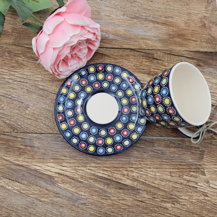 Filiżanka ceramiczna ze spodkiem Słoneczko piękna kaszubska ceramika ręcznie zdobiona Arbata