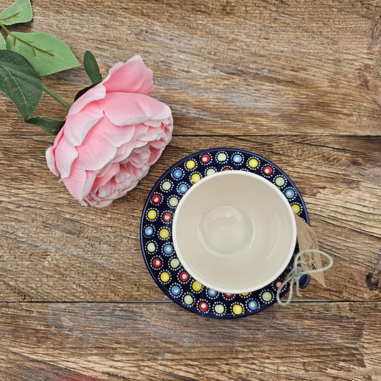 Filiżanka ceramiczna ze spodkiem Słoneczko piękna kaszubska ceramika ręcznie zdobiona Arbata