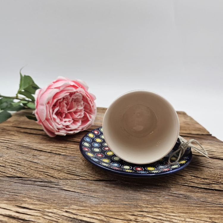 Filiżanka ceramiczna ze spodkiem Słoneczko piękna kaszubska ceramika ręcznie zdobiona Arbata