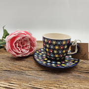 Filiżanka ceramiczna ze spodkiem Słoneczko piękna kaszubska ceramika ręcznie zdobiona Arbata