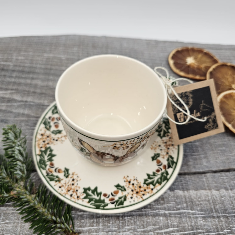 Filiżanka ceramiczna ze spodkiem UNIKAT Sarenki kaszubska ceramika ręcznie malowana Arbata