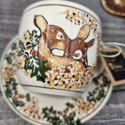 Filiżanka ceramiczna ze spodkiem UNIKAT Sarenki kaszubska ceramika ręcznie malowana Arbata