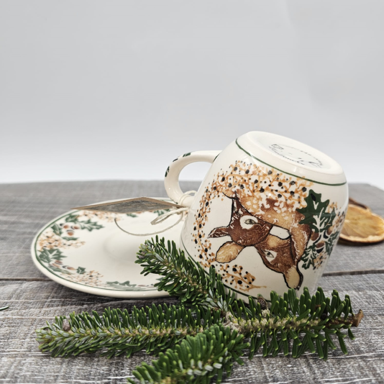 Filiżanka ceramiczna ze spodkiem UNIKAT Sarenki kaszubska ceramika ręcznie malowana Arbata