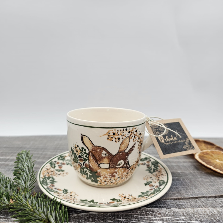 Filiżanka ceramiczna ze spodkiem UNIKAT Sarenki kaszubska ceramika ręcznie malowana Arbata