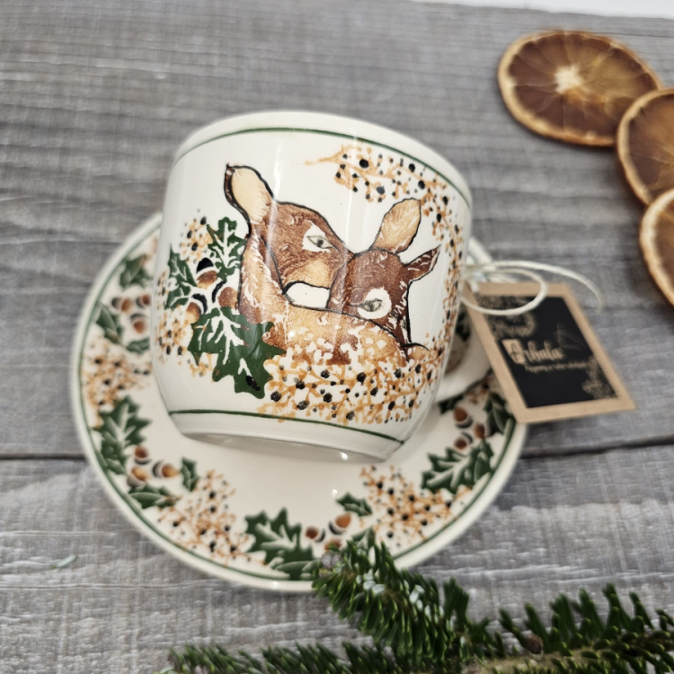 Filiżanka ceramiczna ze spodkiem UNIKAT Sarenki kaszubska ceramika ręcznie malowana Arbata