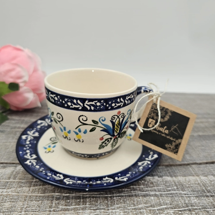 Filiżanka ceramiczna ze spodkiem KASZUBEK kaszubska ceramika ręcznie zdobiona Arbata