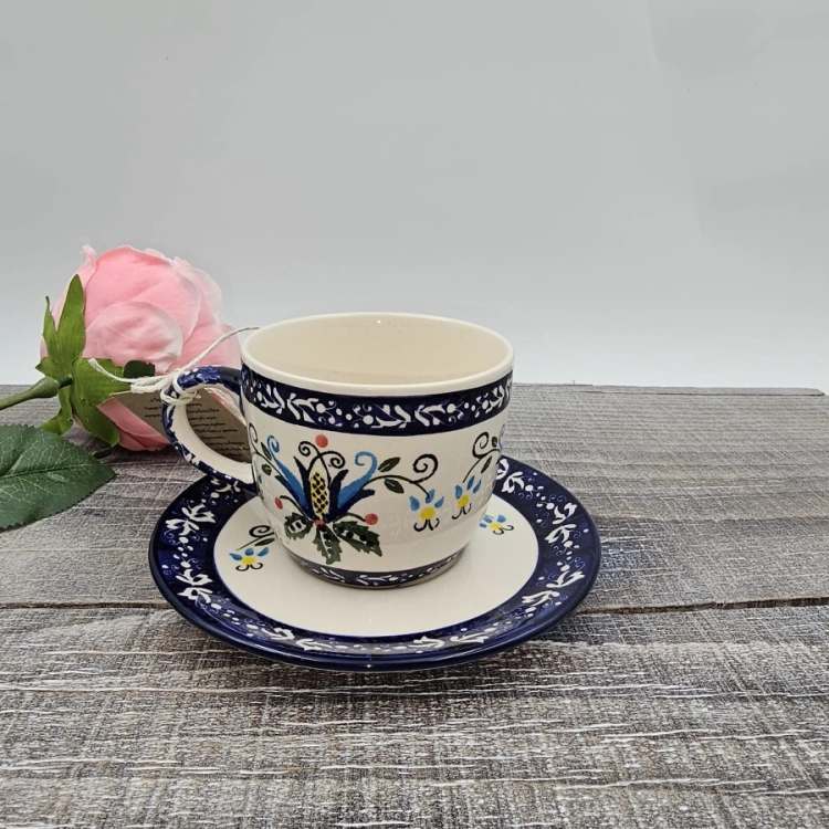 Filiżanka ceramiczna ze spodkiem KASZUBEK kaszubska ceramika ręcznie zdobiona Arbata