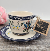 Filiżanka ceramiczna ze spodkiem KASZUBEK kaszubska ceramika ręcznie zdobiona Arbata