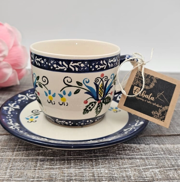 Filiżanka ceramiczna ze spodkiem KASZUBEK kaszubska ceramika ręcznie zdobiona Arbata