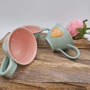 Filiżanka ceramiczna ZIELONA - SELEDYNOWA SERDUSZKO 200 ml kolorowa ręcznie robiona FAJNA CERAMIKA z serduszkami