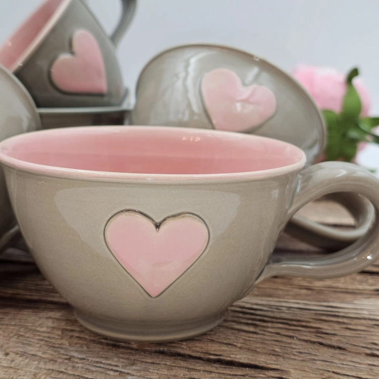 Filiżanka ceramiczna SZARA - SERDUSZKO 300 ml kolorowa ręcznie robiona FAJNA CERAMIKA z serduszkami