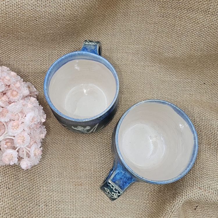 Kubek ceramiczny z uchem PRZEBIŚNIEGI niebieski-zielony poj. ok. 300 ml ręcznie toczony rękodzieło ręcznie zdobiony