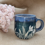 Kubek ceramiczny z uchem PRZEBIŚNIEGI niebieski-zielony poj. ok. 300 ml ręcznie toczony rękodzieło ręcznie zdobiony