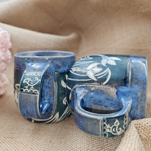 Kubek ceramiczny z uchem PRZEBIŚNIEGI niebieski-zielony poj. ok. 300 ml ręcznie toczony rękodzieło ręcznie zdobiony