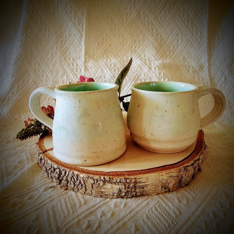 Kubek ceramiczny zielono - biały Pani/Pan - Zestaw dla pary ciężkie kubki piękna kolorystyka szkliwa