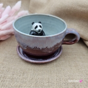 Filiżanka ceramiczna ze spodkiem i PANDĄ misiem w środku ręcznie toczona i malowana ze spodkiem prezent dla miłośnika natury PANDA filiżanka