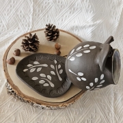 Pojemnik ceramiczny Świnka + Podstawka brązowa na sól kmpl. rękodzieło ręcznie toczony