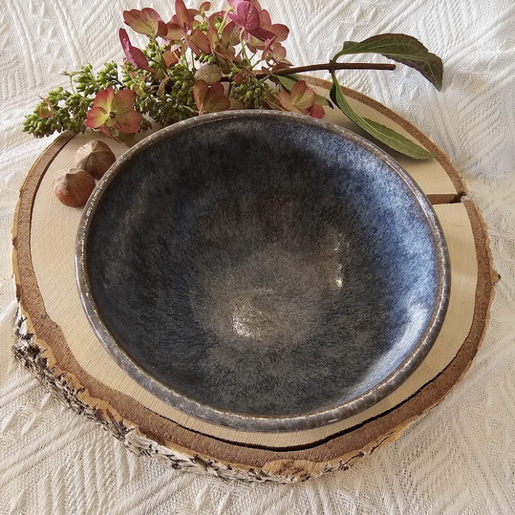 Miska ceramiczna brązowo - niebieska rękodzieło ręcznie toczona brązowa glina miska sałatkowa