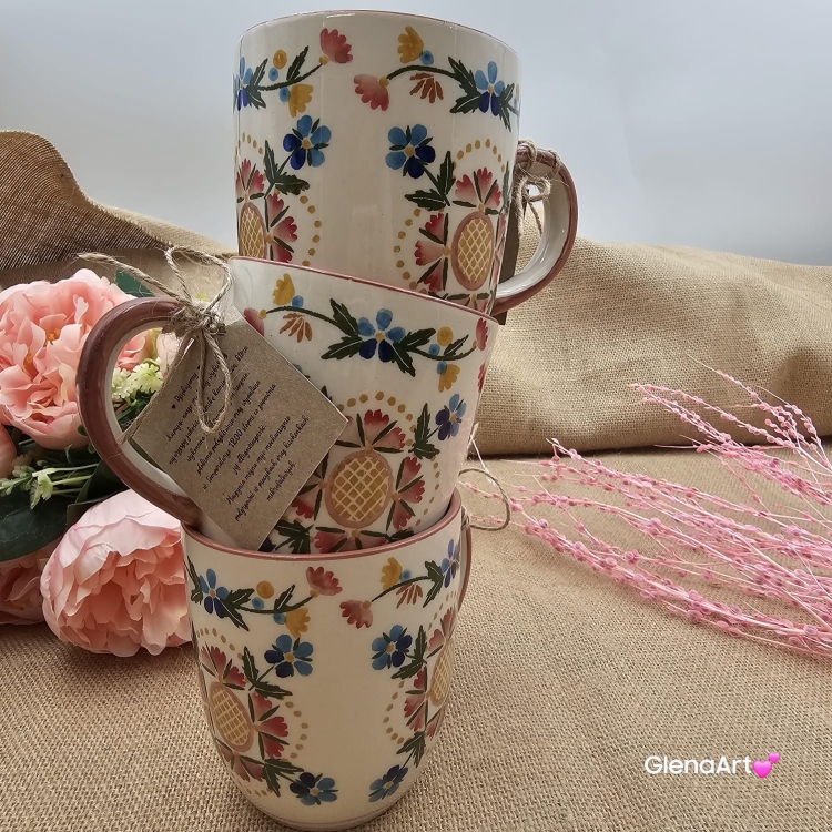 Kubek ceramiczny Bell dekoracja Wdzydzka kaszubska ceramika ręcznie zdobiona Arbata kubek wdzydzki wzór kaszubski rękodzieło metoda stempelka