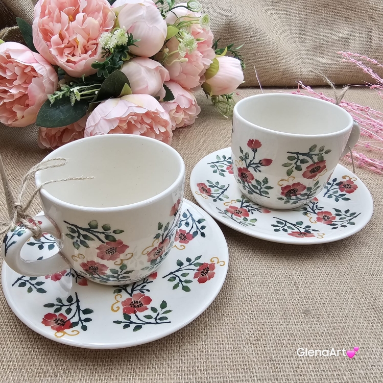 Filiżanka ceramiczna ze spodkiem RÓŻE kaszubska ceramika ręcznie zdobiona Arbata metoda stempelka i ręcznie malowane kaszubska filiżanka