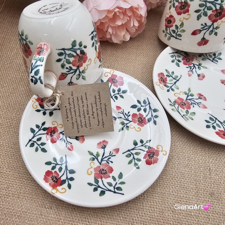 Filiżanka ceramiczna ze spodkiem RÓŻE kaszubska ceramika ręcznie zdobiona Arbata metoda stempelka i ręcznie malowane kaszubska filiżanka