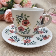 Filiżanka ceramiczna ze spodkiem RÓŻE kaszubska ceramika ręcznie zdobiona Arbata metoda stempelka i ręcznie malowane kaszubska filiżanka