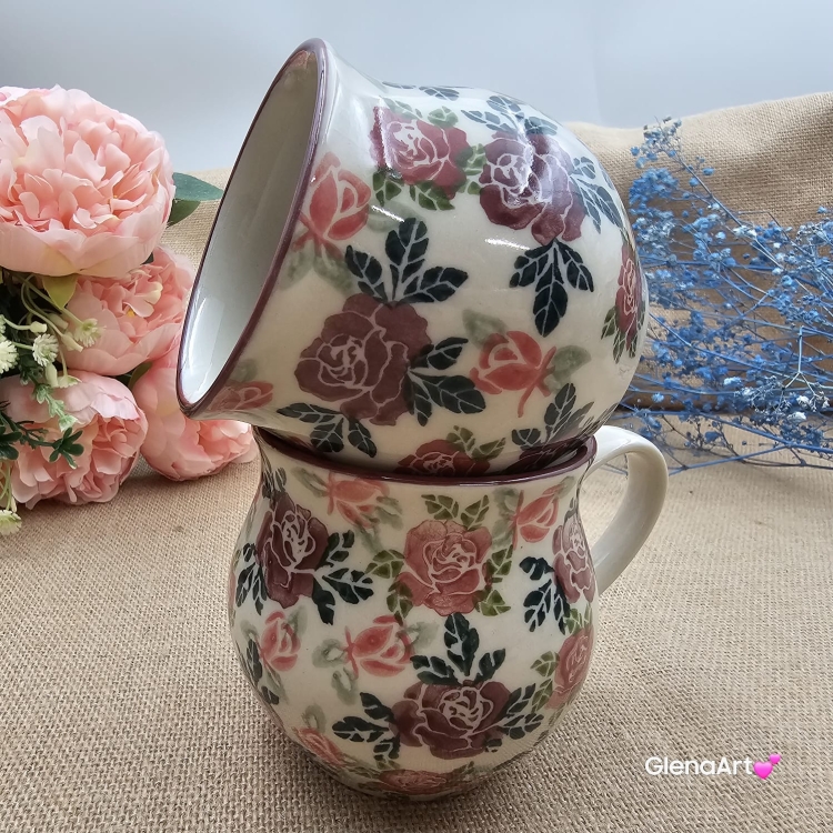 Kubek ceramiczny ręcznie malowany Bell Kolekcja ROSE Tułowice 350 ml piękny kubek ze zdobieniem ręcznie malowany