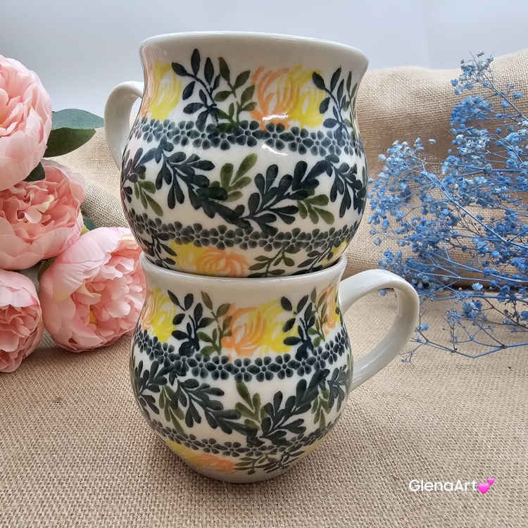 Kubek ceramiczny ręcznie malowany Bell Kolekcja GOLDEN BLOOM Tułowice 350 ml piękny kubek ze zdobieniem ręcznie malowany