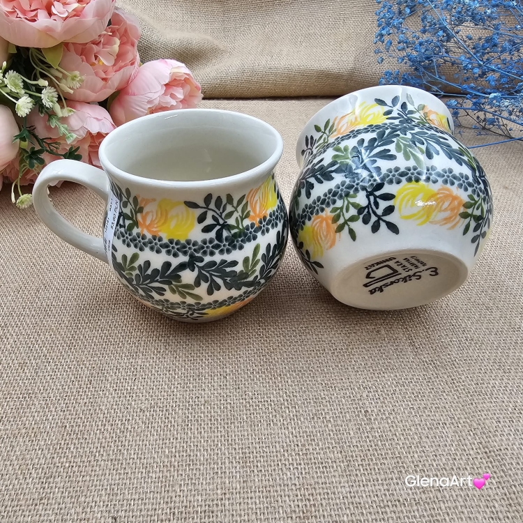 Kubek ceramiczny ręcznie malowany Bell Kolekcja GOLDEN BLOOM Tułowice 350 ml piękny kubek ze zdobieniem ręcznie malowany