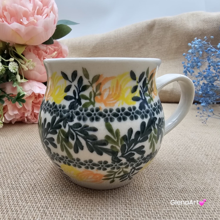 Kubek ceramiczny ręcznie malowany Bell Kolekcja GOLDEN BLOOM Tułowice 350 ml piękny kubek ze zdobieniem ręcznie malowany