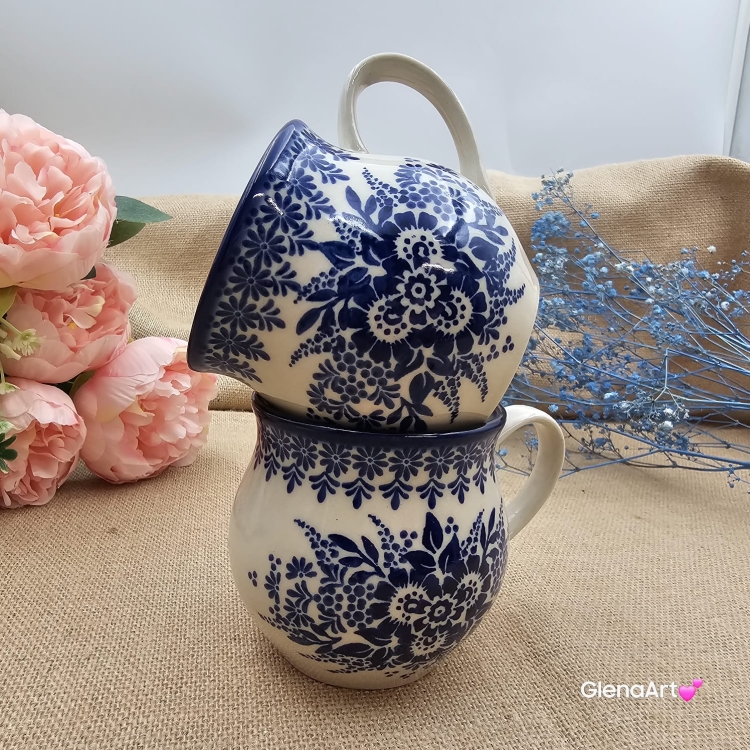 Kubek ceramiczny ręcznie malowany Bell Kolekcja CLASSIC KOBALT Tułowice 350 ml piękny kubek ze zdobieniem ręcznie malowany motyw kwiatowy kubek kobaltowy klasyk