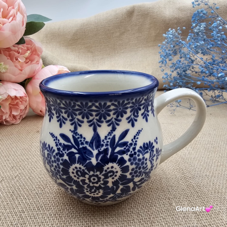 Kubek ceramiczny ręcznie malowany Bell Kolekcja CLASSIC KOBALT Tułowice 350 ml piękny kubek ze zdobieniem ręcznie malowany motyw kwiatowy kubek kobaltowy klasyk