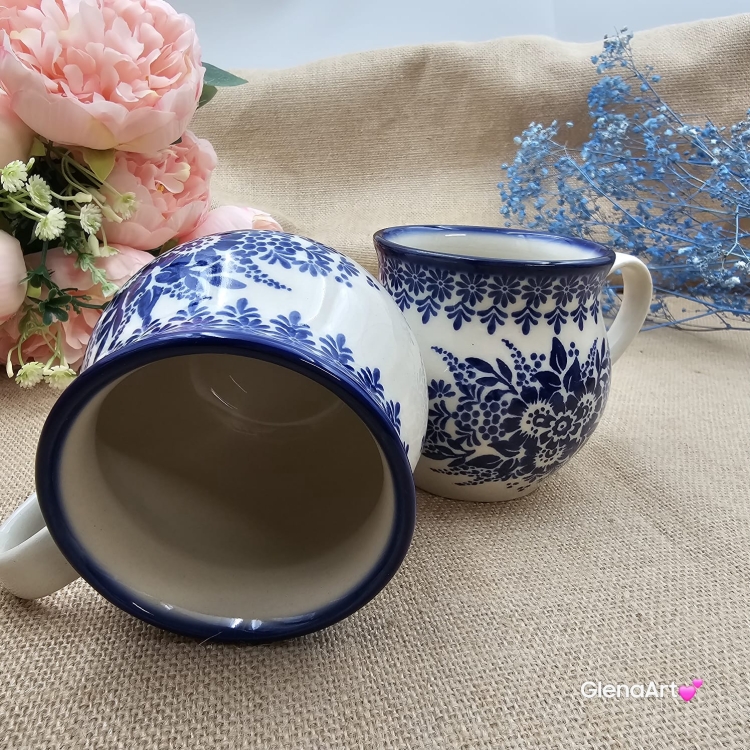 Kubek ceramiczny ręcznie malowany Bell Kolekcja CLASSIC KOBALT Tułowice 350 ml piękny kubek ze zdobieniem ręcznie malowany motyw kwiatowy kubek kobaltowy klasyk