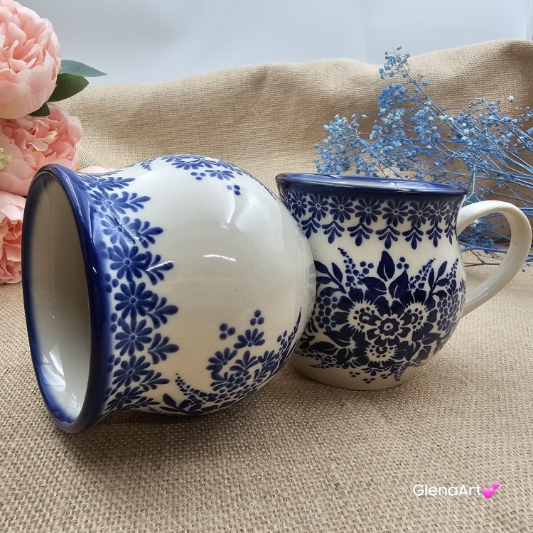 Kubek ceramiczny ręcznie malowany Bell Kolekcja CLASSIC KOBALT Tułowice 350 ml piękny kubek ze zdobieniem ręcznie malowany motyw kwiatowy kubek kobaltowy klasyk
