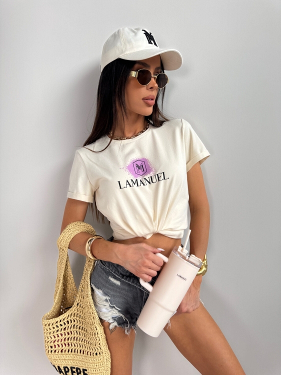 T-shirt LA MANUEL DRIP kokos - ONE SIZE Bawełna 100% LAMANUEL z fioletowym logo koszulka damska kolor kokos i logo fioletowe LAMANUEL