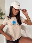 T-shirt LA MANUEL DRIP beż - ONE SIZE Bawełna 100% LAMANUEL z niebieskim logo koszulka damska kolor beżowy i logo niebieskie LAMANUEL
