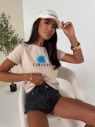 T-shirt LA MANUEL DRIP beż - ONE SIZE Bawełna 100% LAMANUEL z niebieskim logo koszulka damska kolor beżowy i logo niebieskie LAMANUEL