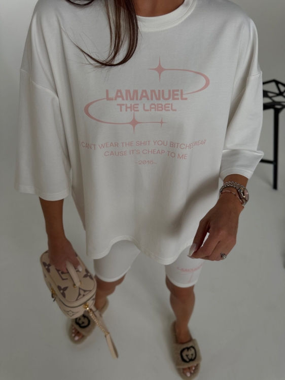 T-shirt LA MANUEL Model - BURST ecru ONE SIZE koszulka ecru z różowym napisem LOGO Lamanuel