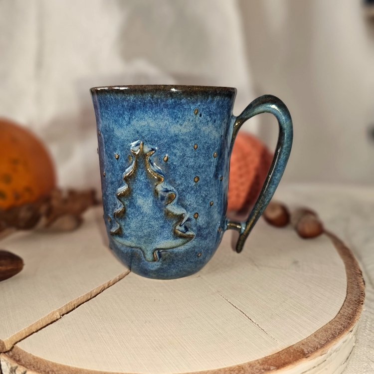Kubek ceramiczny ciemno - niebieski MORSKI Choinka kubek świąteczny z wyzłoceniem