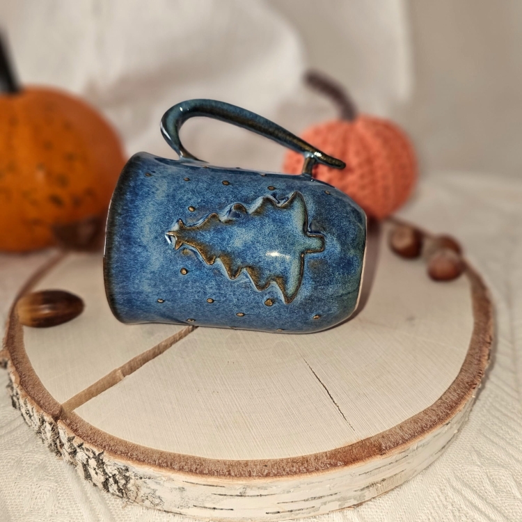 Kubek ceramiczny ciemno - niebieski MORSKI Choinka kubek świąteczny z wyzłoceniem