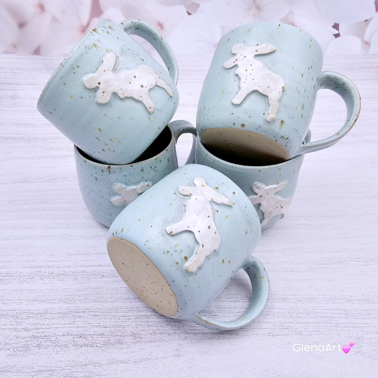 Kubek renifer świąteczny ceramiczny nakrapiany zimny błękit z Reniferem - 350 ml z uchem ręcznie toczony niebieski kubek zimowy renifer świąteczny kubek z reniferem
